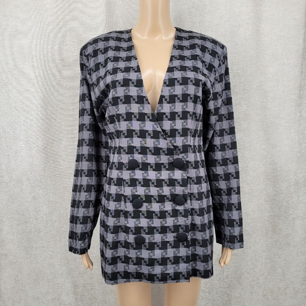 Vintage 80s Double Breasted Black and Gray Houndstooth Longline Blazer